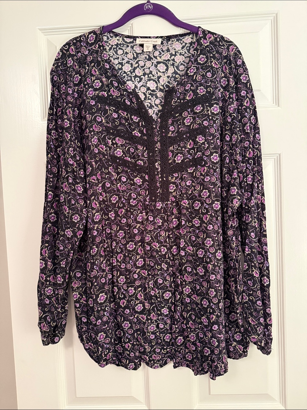 Coldwater Creek Black Floral Tunic with Purple Accents